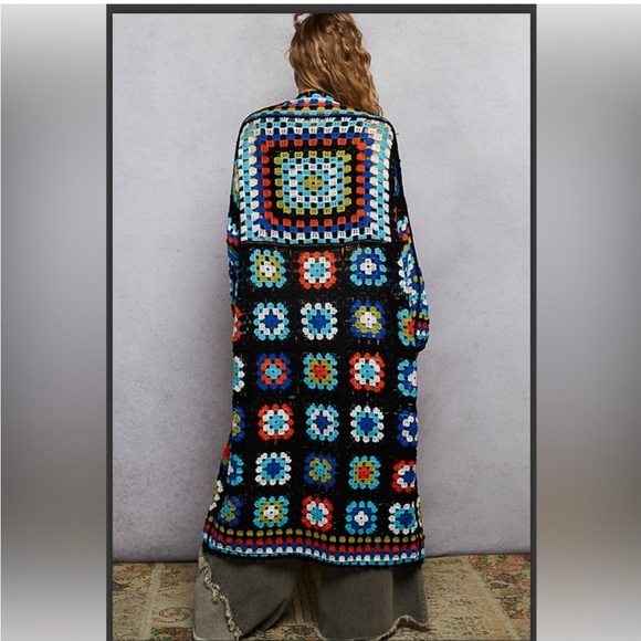 New POL Black Multicolor Granny Squares Boho Long Open Crochet Knit Cardigan O/S - Picture 1 of 7